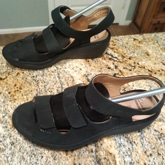 Clarks Collection Soft Cushion Reedly Juno Wedge Heel Sandals Black Women's 9.5W - Picture 4 of 12